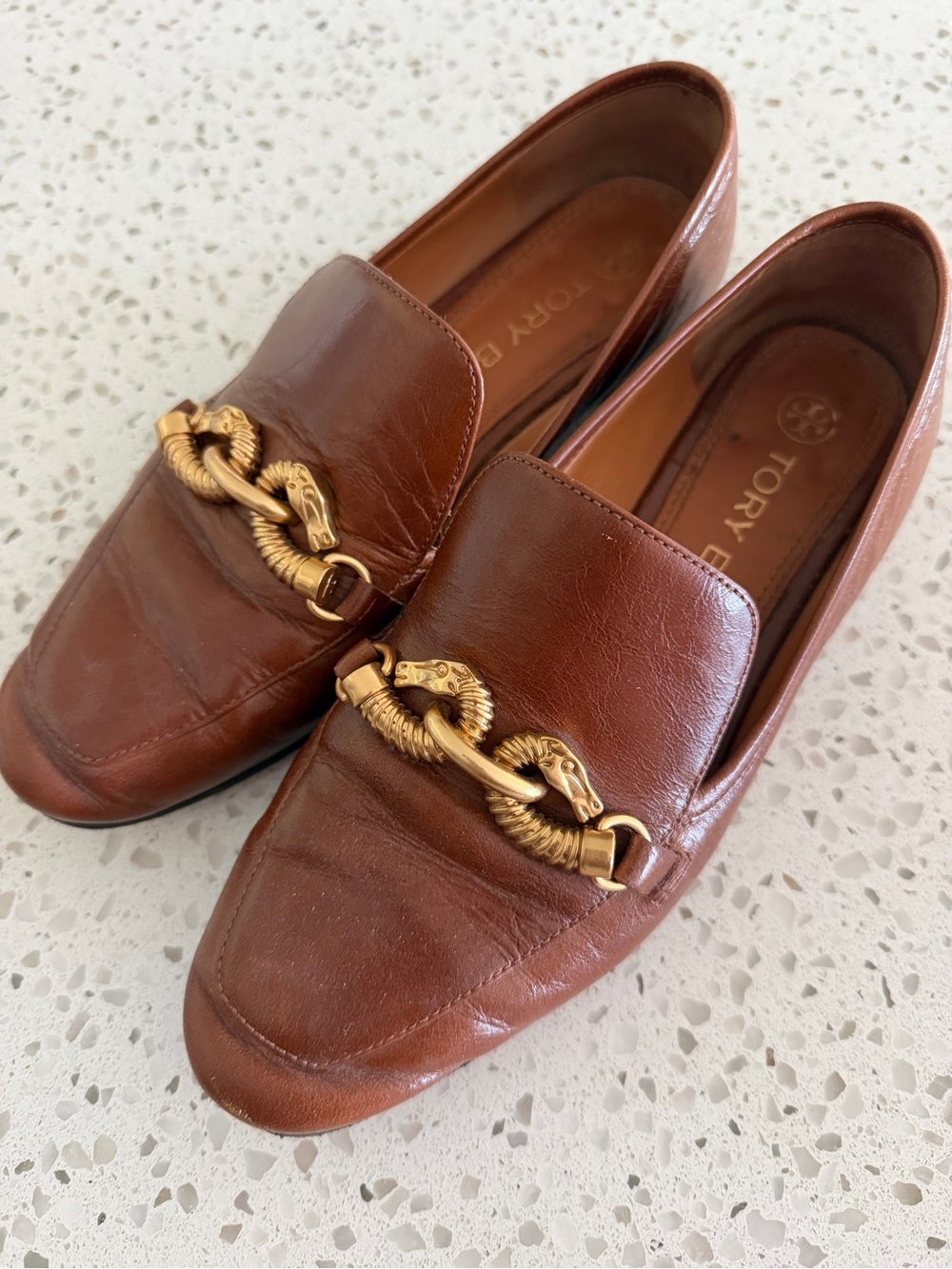 Tory Burch Brown Leather Loafers with Gold Horsebit Detail